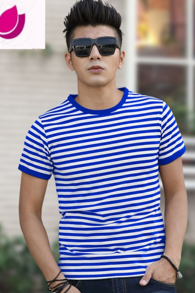 七斓海魂衫男短袖t恤定制修身男女圆领半袖蓝白条纹情侣装夏季