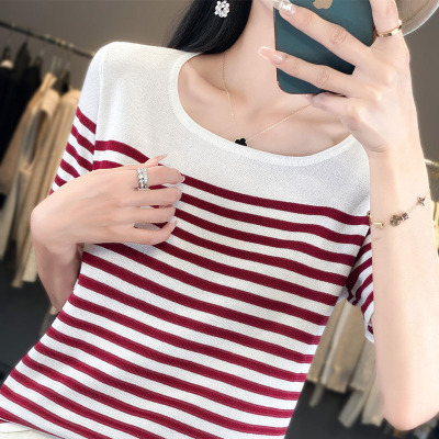 年夏季新款U领冰丝撞色条纹针织衫短袖女T恤气质宽松显瘦上衣_1