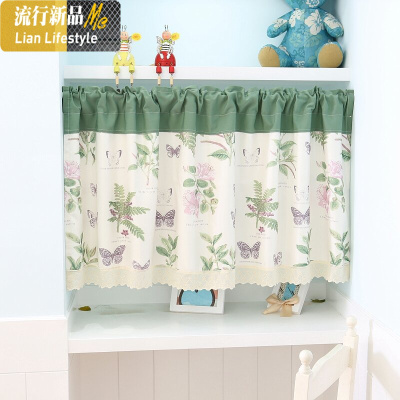 美式自然花卉蝴蝶半帘 地中海小窗帘 柜帘帘 厨房帘 帘头 绿色 三维工匠