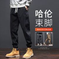 男士休闲裤潮牌秋季新款哈伦长裤2023春秋新款黑色束脚工装裤子男