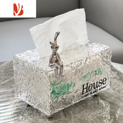 三维工匠ins风抽纸盒轻奢家用客厅茶几餐巾纸盒子创意壁挂收纳纸巾盒 冰川纹-透明[台面款]