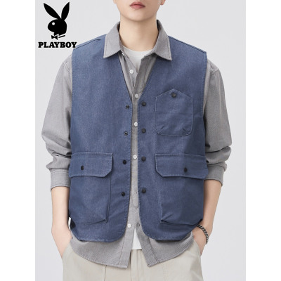 花花公子工装马甲男士外套2025年冬季新款时尚V领帅气坎肩马夹男