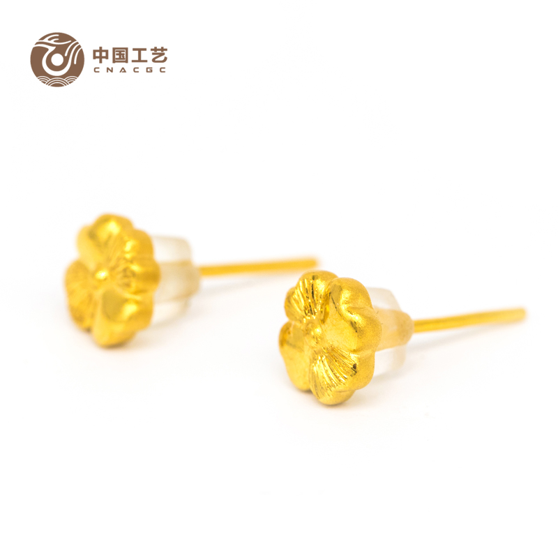 中国工艺 足金饰品3d硬金耳钉(四叶草)