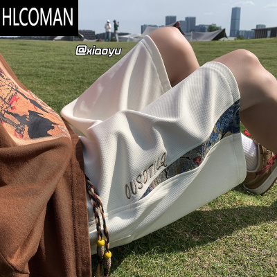 HLCOMAN短裤男夏季薄款国潮刺绣拼接运动裤子潮牌百搭宽松大码休闲五分裤