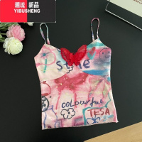 YIBUSHENG美式甜辣蝴蝶涂鸦晕染收腰包臀吊带连衣裙女+短款吊带背心上衣