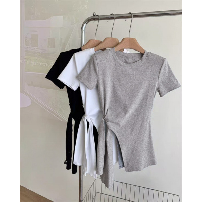 露腰绑带纯色短袖T恤女2025夏季新款韩版圆领百搭套头学生上衣潮