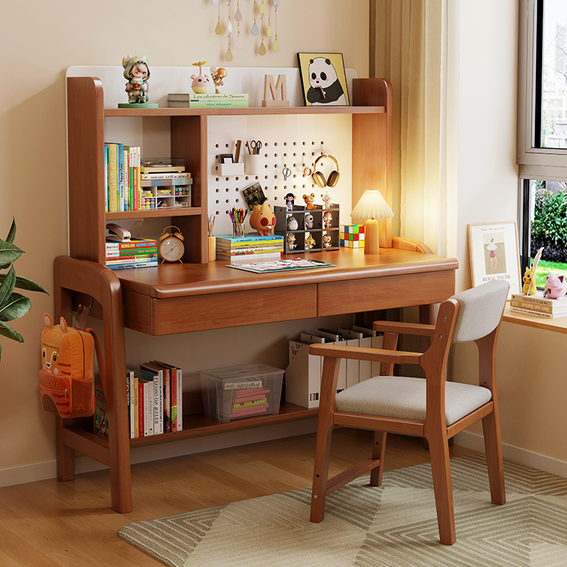 实木儿童学习桌可升降书桌书架一体写字桌课桌家用写字桌卧室书桌