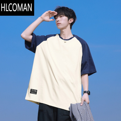 HLCOMAN日系cityboy撞色插肩短袖t恤男夏季新款宽松休闲男生上衣