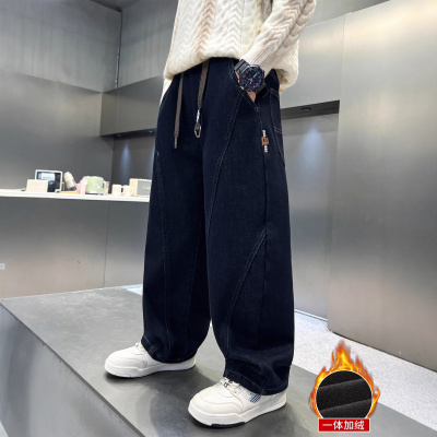 男童加绒牛仔裤冬季保暖一体绒加厚青少年中大童潮酷宽松长裤子潮