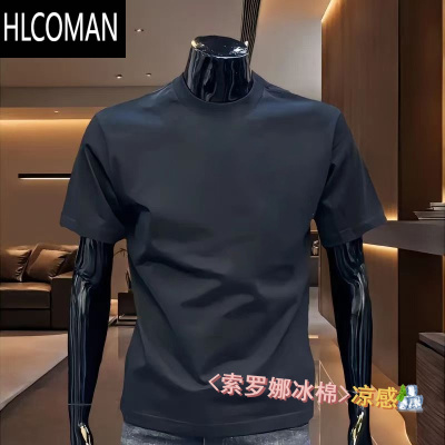 HLCOMAN黑色索o娜冰皮t恤男款夏季正肩运动健身短袖弹力修身肌肉三分袖