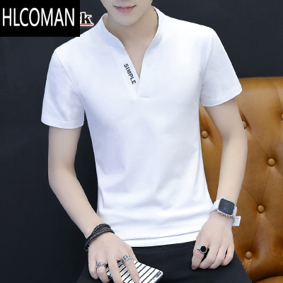 HLCOMAN短袖t恤男装夏季2025新款V领白色冰丝体桖半袖打底衫