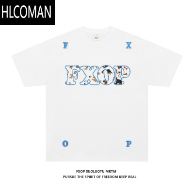 HLCOMAN国潮美式贴布小狗短袖t恤男夏季宽松ins潮牌情侣半袖上衣