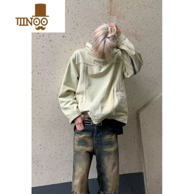 YANXU美式高街复古水洗做旧黄泥拉链牛仔连帽外套男女潮牌宽松套头卫衣