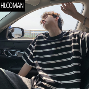 HLCOMAN美式复古条纹t恤男短袖夏季2025新款潮牌拼色宽松半袖男