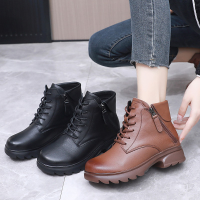 真皮圆头中跟系带侧拉链大码加绒女短靴厚底英伦风马丁靴