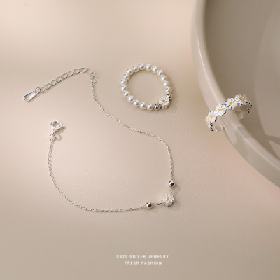 s925纯银小雏菊手链女简约森系百搭指环设计感白色滴胶花朵戒指送女朋友老婆情人节七夕生日礼物