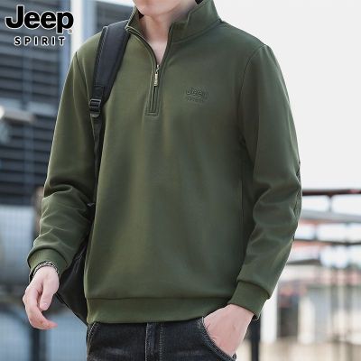JEEP SPIRIT秋季新款加绒卫衣时尚潮流男士刺绣立领上衣
