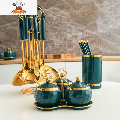 304不锈钢锅铲套装家用炒菜铲子厨房用品大全置物架可高温炒汤勺 敬平 绿金锅铲+绿金筷子筒+调味罐套装[圆形]不含筷子