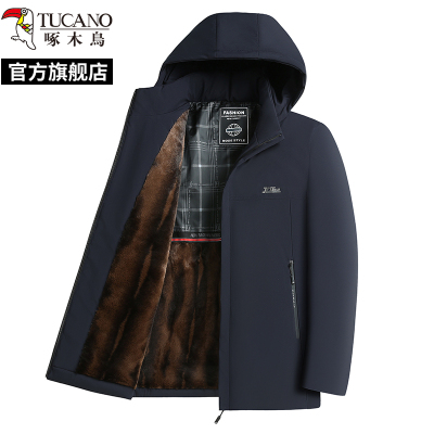 啄木鸟棉衣外套男2024新款冬季加绒加厚派克服中老年爸爸连帽棉服