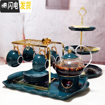 三维工匠花茶茶具套装北欧式煮水果茶壶茶杯耐热玻璃陶瓷英式下午茶茶具 孔绿1壶1炉4杯碟勺+架+托盘+串盘送蜡烛