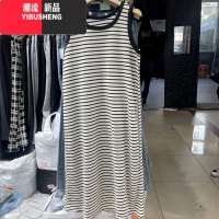 YIBUSHENG特大码300斤休闲无袖中长款打底吊带裙女胖MM宽松黑白条纹连衣裙2