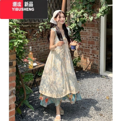 YIBUSHENG彩色油画小飞袖连衣裙女季设计感叠穿蕾丝镂空罩衫裙长裙两件套