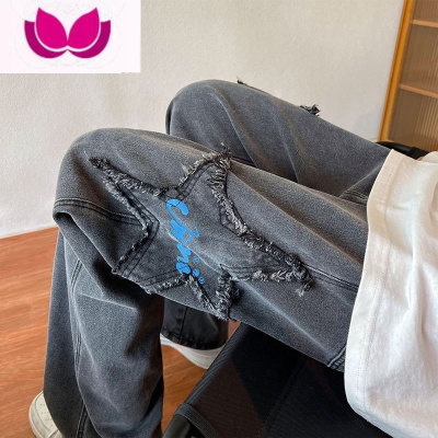 七斓星星刺绣牛仔裤男ins潮牌直筒宽松加绒阔腿美式高街vibe裤子