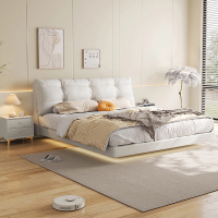 欧梵森 现代简约双人床真皮悬浮床意式极简主卧室实木双人简约现代高档带灯云朵软包婚床卧室家具主卧床