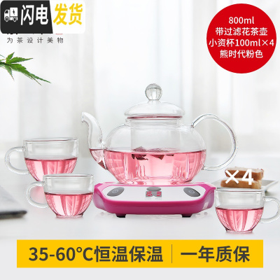 三维工匠玻璃花茶壶茶具套装带透明耐热过滤保温壶恒温宝电热加热底座 圆壶800+熊时代粉色+4小资杯