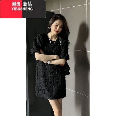 YIBUSHENG高级感肌理感黑色连衣裙女2024季新款显瘦轻奢名媛炸街气质裙子