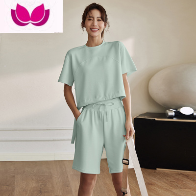 七斓运动套装女宽松显瘦高腰五分裤户外休闲套跑步训练瑜伽服