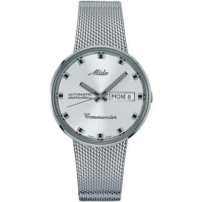 Mido瑞士男表Commander1959经典现代银色圆盘双历编织钢带自动机芯
