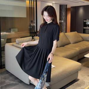 唐狮短袖polo领连衣裙新款女夏季黑色百褶裙休闲衣服小个子t