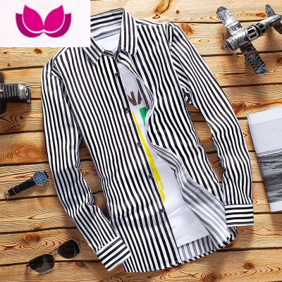 七斓秋季条纹长袖衬衫男士韩版修身衬衣潮牌男装格子衫外套款寸衫