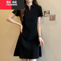 YIBUSHENG甜辣妹纯欲风短袖连衣裙女季韩版百搭修身显瘦半开POLO领中长裙
