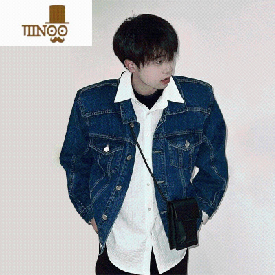 YANXU深蓝色垫肩短款牛仔外套男美式复古牛仔衣褂子cleanfit情侣装夹克