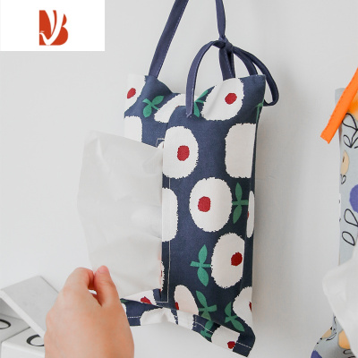 三维工匠丹麦设计田园风纸巾袋车载椅背抽纸包布艺可爱家用纸巾盒挂式车用 带挂绳-蓝白花朵