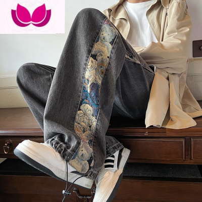 七斓国潮oversize裤子ins高街潮腰果花牛仔裤男直筒宽松垂感休闲长裤