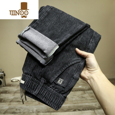 YANXU松紧腰带长牛仔裤男夏季薄款弹力柔软抽绳小脚宽松休闲百搭哈伦裤