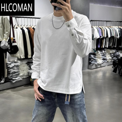 HLCOMAN秋季纯色卫衣男修身内搭开衩长袖t恤男士套头纽扣袖口男装上衣服