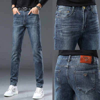 秋冬新款欧洲站轻奢潮牌蓝色牛仔裤弹力修身小直筒裤潮流百搭