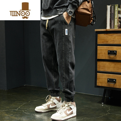 YANXU松紧腰牛仔裤男潮牌日系宽松大码束脚裤夏季薄款休闲小脚哈伦长裤