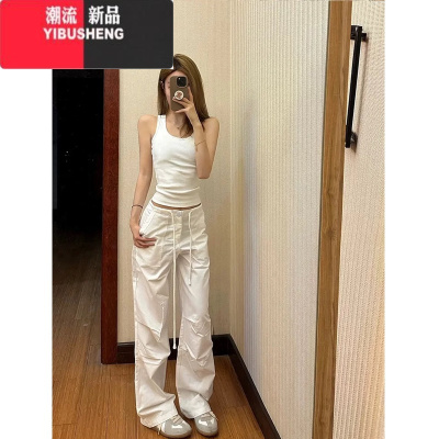 YIBUSHENG美式辣妹白色工装裤女季小个子薄款hiphop抽绳窄版直筒休闲裤潮