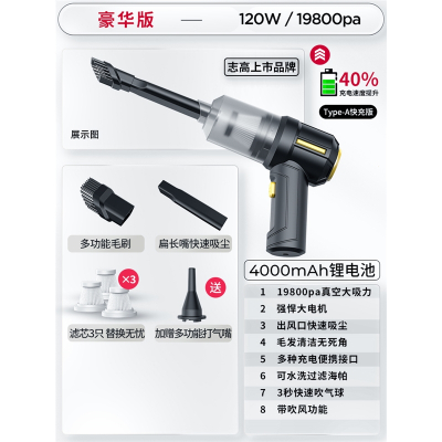 志高车载吸尘器车用无线充电汽车家用小型手持大吸力功率迷你强力_?豪华19800pa强吸快充无线滤芯x3打气嘴