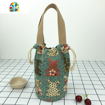 可爱圆形带饭包包饭盒袋子便当袋手提包焖烧壶手提袋水壶袋杯子袋 FENGHOU 复古蓝加大号直径17CM,高27CM