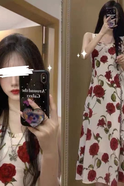 法式玫瑰花印花吊带连衣裙女夏季新款纯欲风收腰显瘦a字裙潮