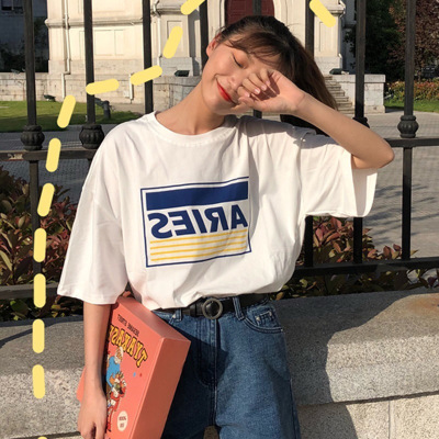 字母印花短袖T恤女夏装韩国新款宽松打底衫女装上衣