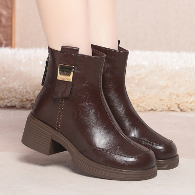 年秋季新款圆头复古粗跟后拉链马丁靴