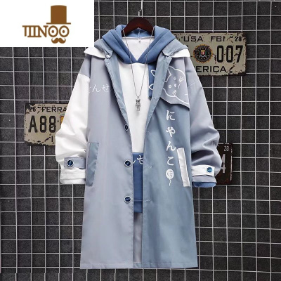 YANXU日系ins潮流卡通猫咪外套男潮牌中长款宽松青少年加绒风衣