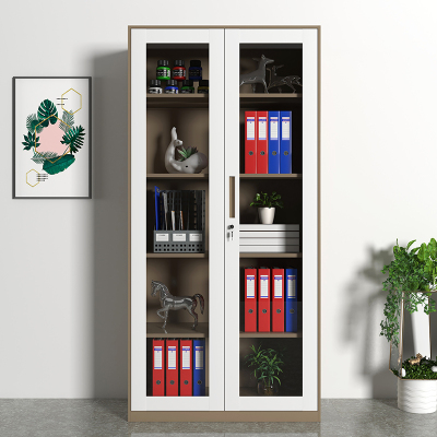 初嘉WJGT-012钢制文件柜窄边资料柜拆装档案柜带锁储物柜咖白套通玻文件柜